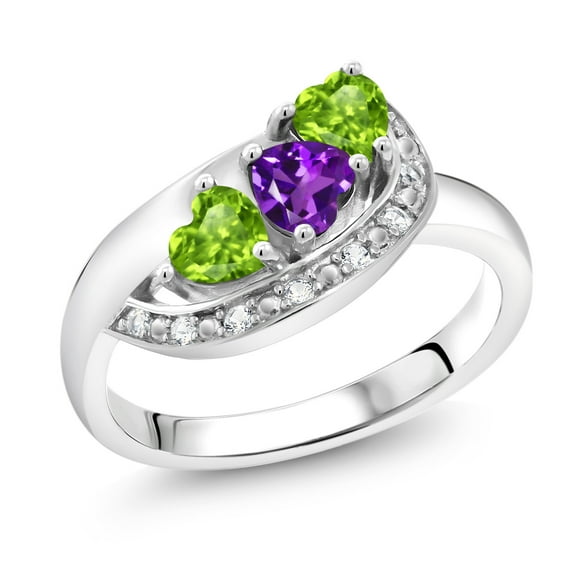 Gem Stone King 925 Sterling Silver Purple Amethyst and Green Peridot and White Created Sapphire Engagement Ring for Women (0.84 Cttw, Gemstone February Birthstone, Heart Shape 4MM, Size 5)