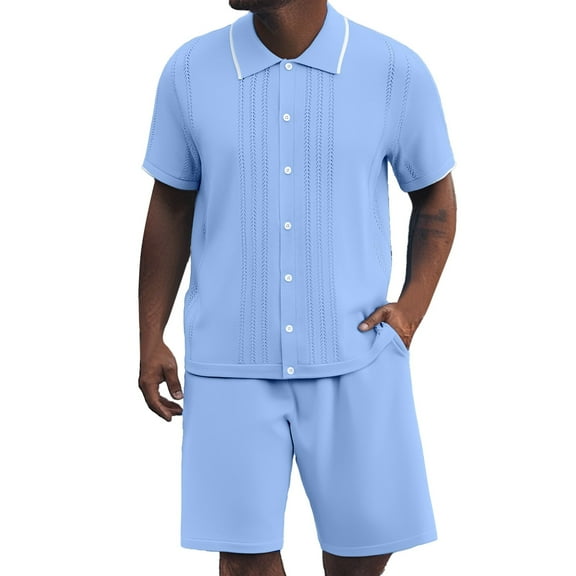 JIKNTTR Men's 2 Piece Outfit Solid Color Knitted Ice Silk Lapel Button Shirt Shorts Men Casual Loose Comfortable Trendy Sportswear Set Loungewear Sets