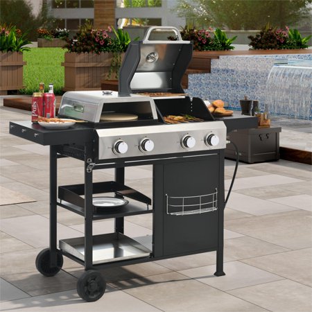 CYBORIS Multifunctional Gas Grill and Griddle for Outdoor BBQ Pizza and Frying, 4 Burner Cooking Propane Grill with Wheels for Patio Camping Lawn, 49,200 BTU