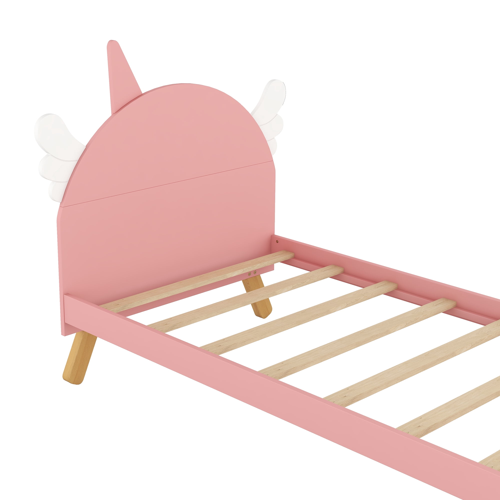 Aukfa Platform Bed with Unicorn Horn Headboard for Kids, Twin Bed Frame, Wooden - Pink