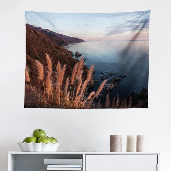 Big Sur Tapestry, Overcast Sky Along The Central Coast Rocky Cliffs and Rough Ocean, Fabric Wall Hanging Decor for Bedroom Living Room Dorm, 2 Sizes, Cocoa and Pale Blue Grey, by Ambesonne