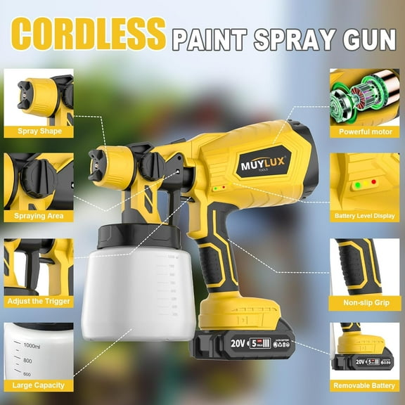 Cordless Paint Sprayer with Battery and Charge, 800W Electric Spray Gun with 5 Nozzles and 3 Patterns, Paint Sprayers for House Painting