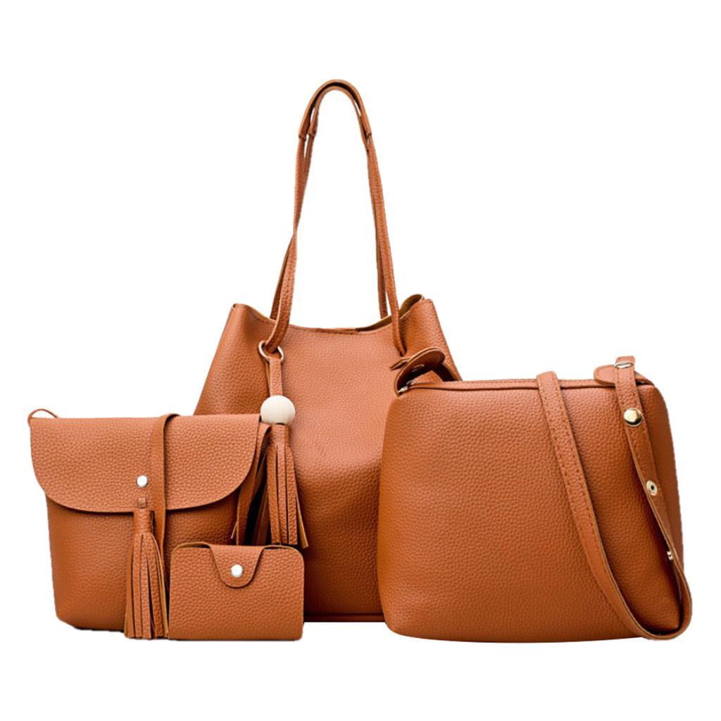 4Pcs Women PU Leather Bag Set Handbag With Beaded Shoulder Bag Tote