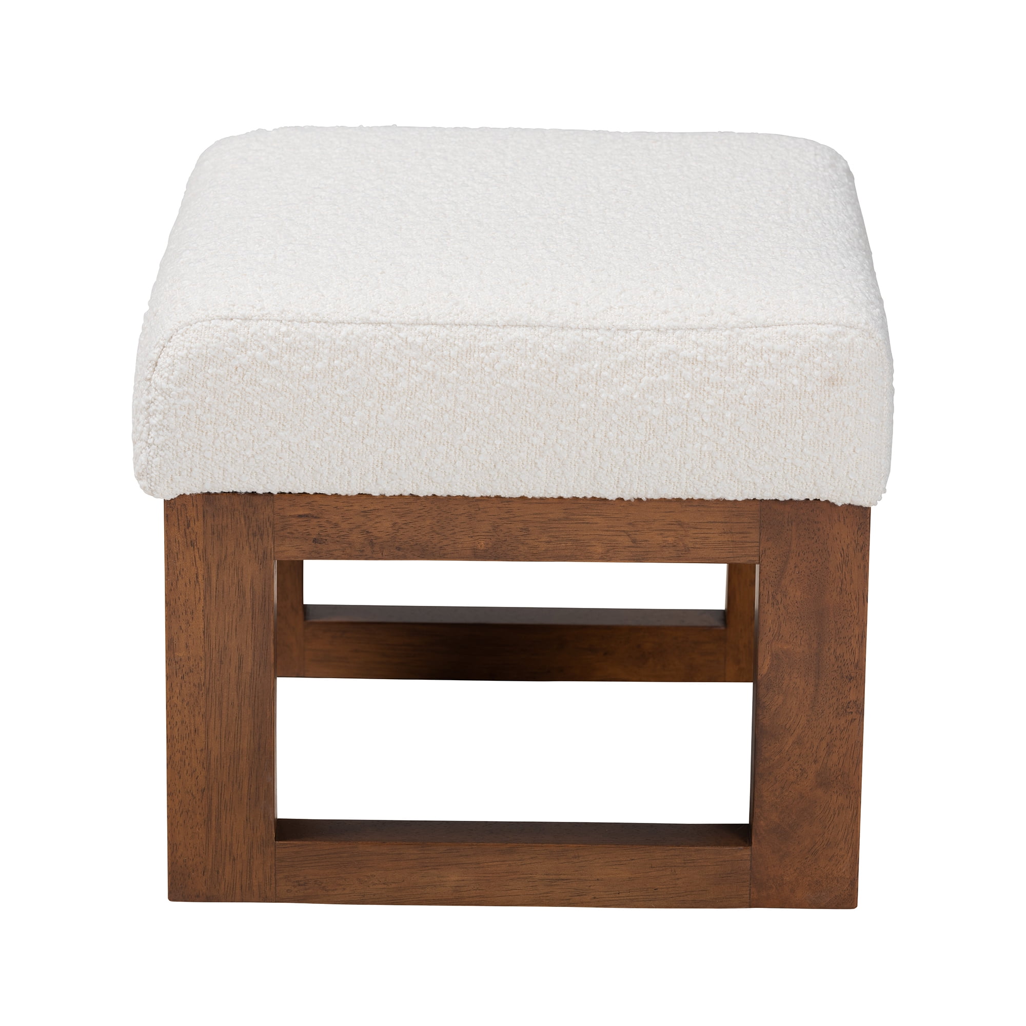 Baxton Studio Yashiya Mid-Century Modern Off-White Boucle Upholstered and Walnut Brown Finished Wood Ottoman Footstool