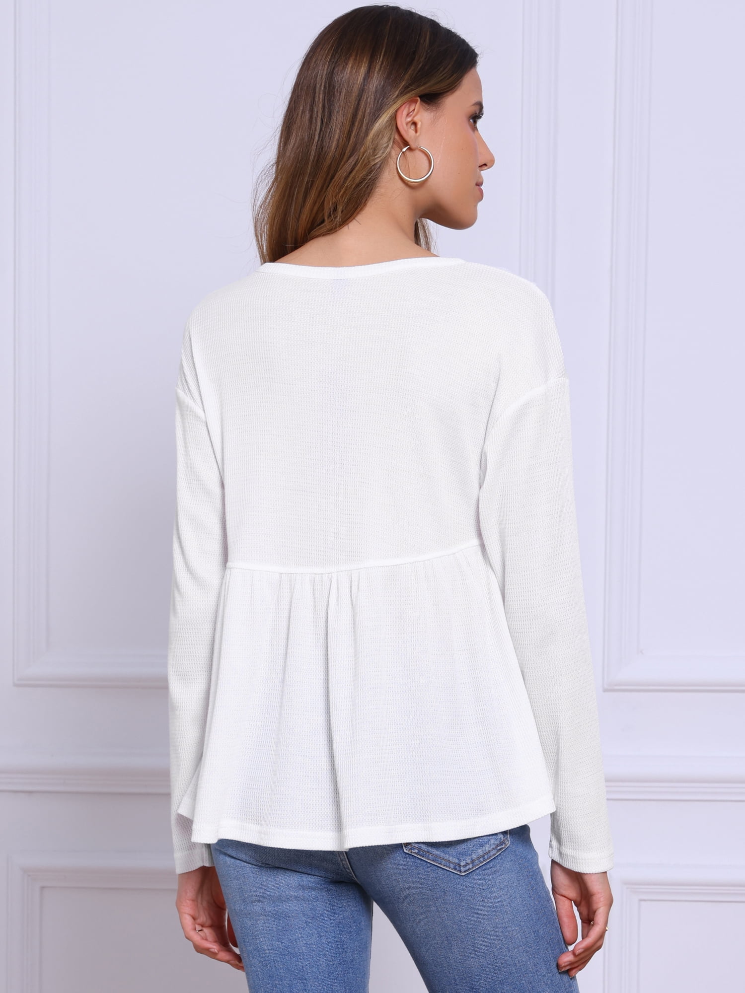 DARING DIVA Women's Waffle Knit Top Long Sleeve Babydoll Peplum Blouses M White