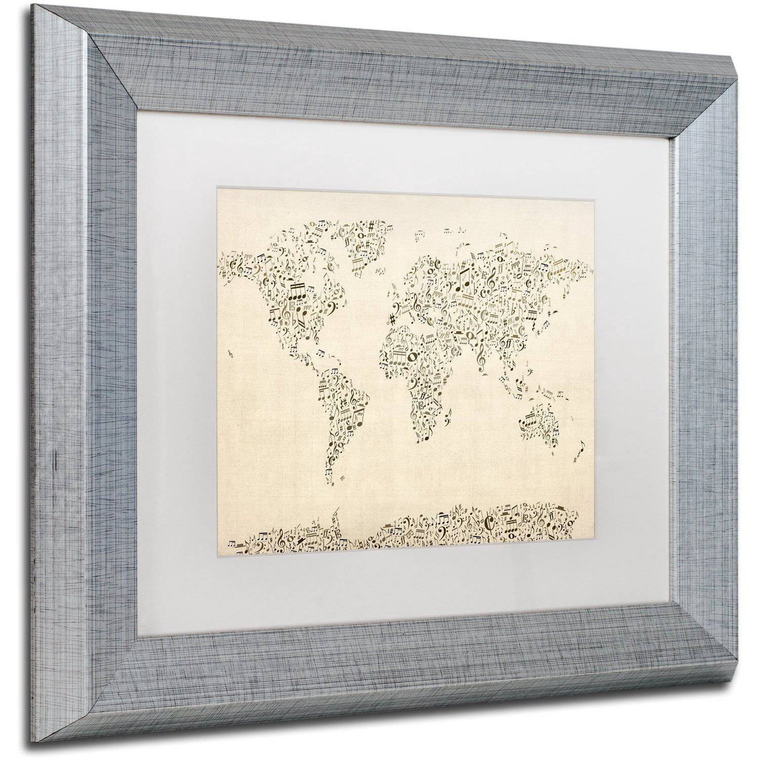 Trademark Fine Art "Music Note World Map" Canvas Art by Michael Tompsett White Matte, Silver Frame