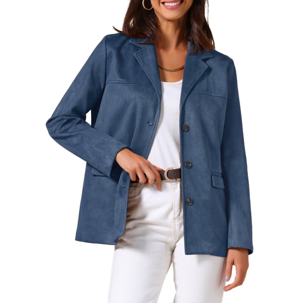 Chaqueta Blazer de Ante Sintético para Mujer, Vintage, Casual, con Botones, de Manga Larga y con Bolsillos, M Azul Profundo