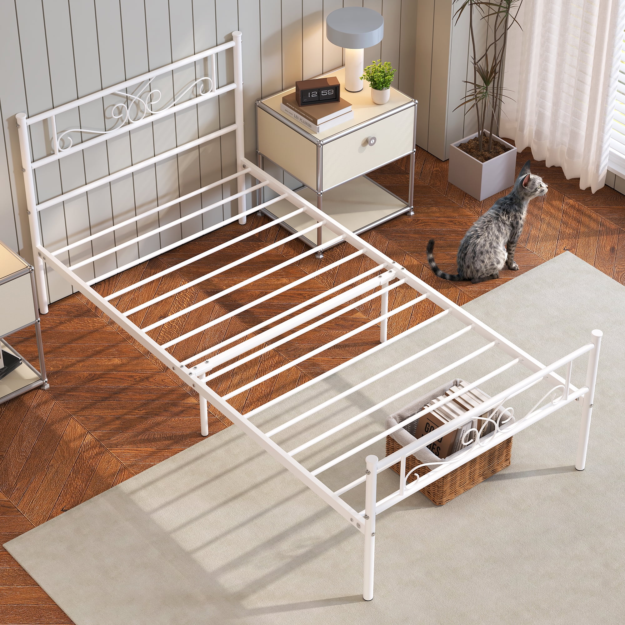 Garmic Twin Metal Bed Frame with Scroll Design Headboard and Footboard for Teens Boys Girls, White