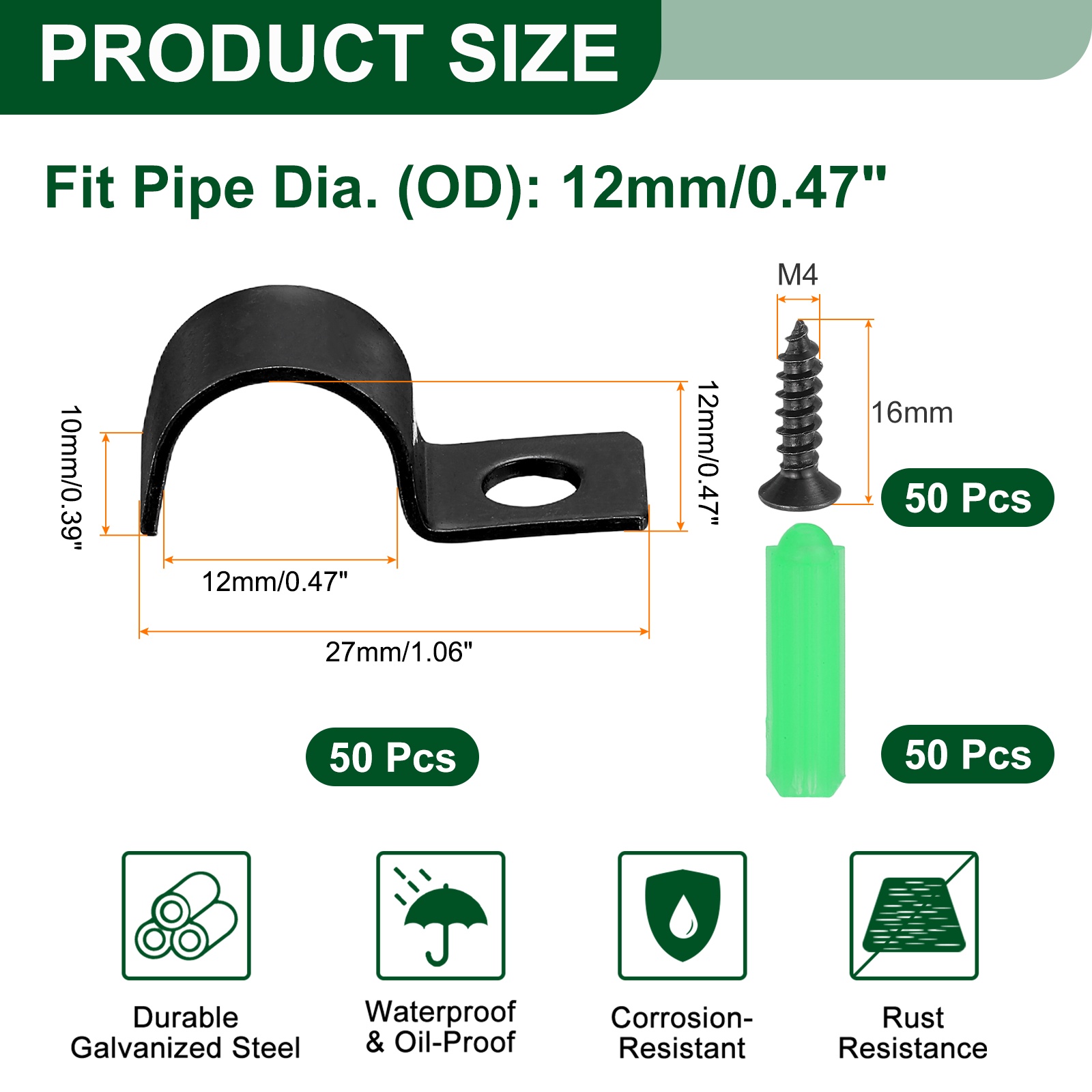 Uxcell 50Pcs 12mm(1/2") One Hole Pipe Strap, Rigid U Brackets Conduit Clamp Heavy Duty Carbon Steel Pipe Strap Clip with Self-Tapping Screws and Expansion Tube for Fixing Wire Cord