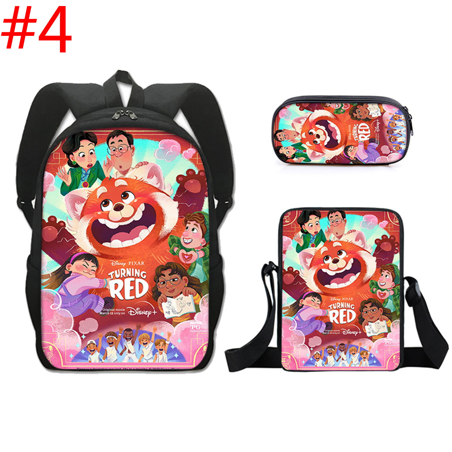 Turning Red Print School Bag Backpack Boys Girls 3PCS Schoolbag with  Shoulder Bags Pencil Case (#4)