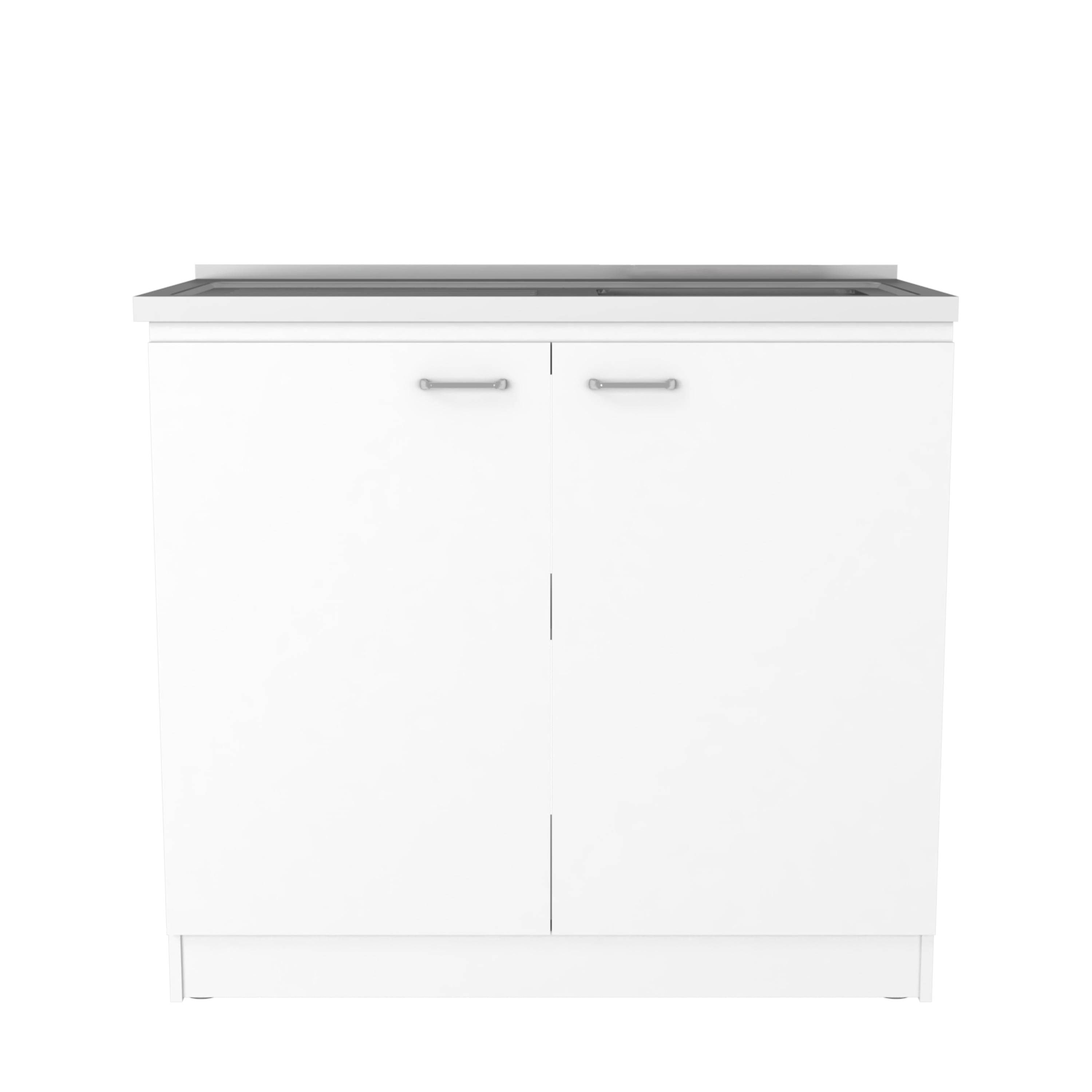 Rainlex Napoles 39" White Utility Sink Cabinet with Stainless Steel Basin, Double Doors & Shelf Storage – Freestanding Cabinet