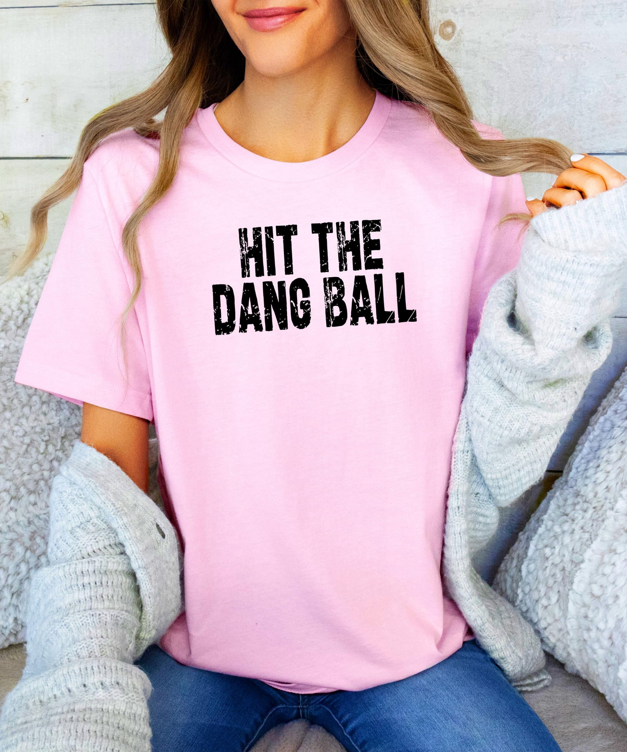 Hit The Dang Ball Shirt for Women Distressed Sporty Baseball Tee for Adults and Teens Pink Shirt Adult 2XL