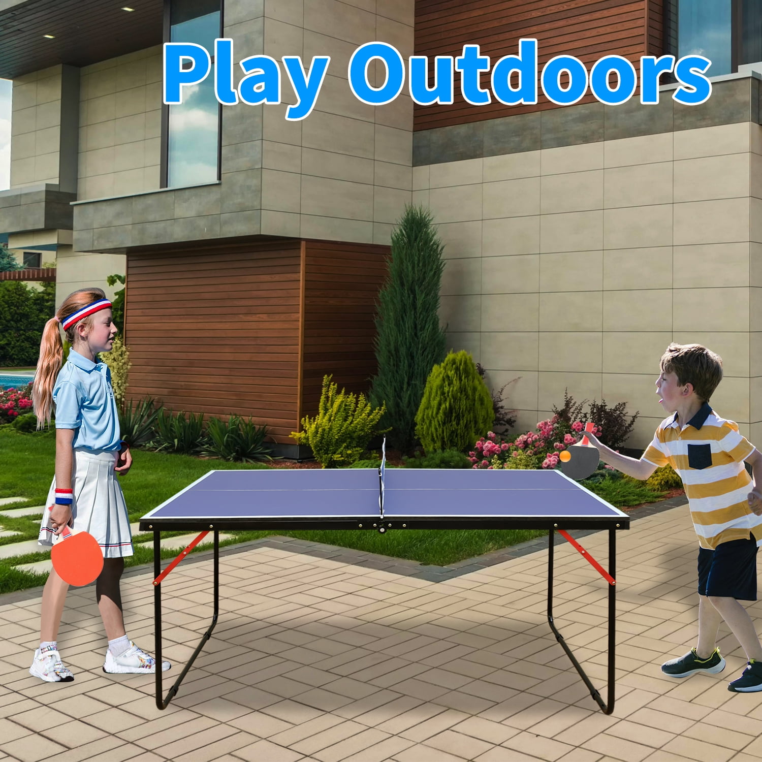 Double FISH 4.5ft Portable Ping Pong Table Foldable Table Tennis Table with Net Paddles Balls, Compact Indoor Outdoor Family Game Tables for Kid Teenager, Multi-Use Free Standing Game Table