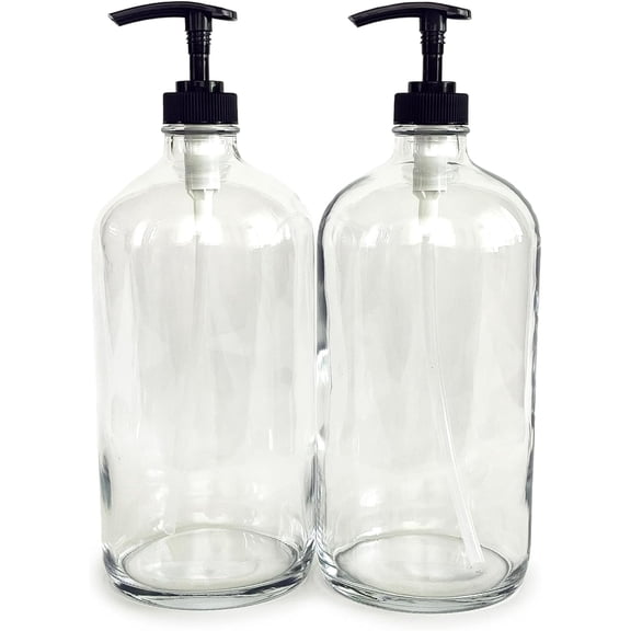 Vivaplex, 2, Large, 32 oz, Empty, Clear Glass Bottles with Black Lotion Pumps