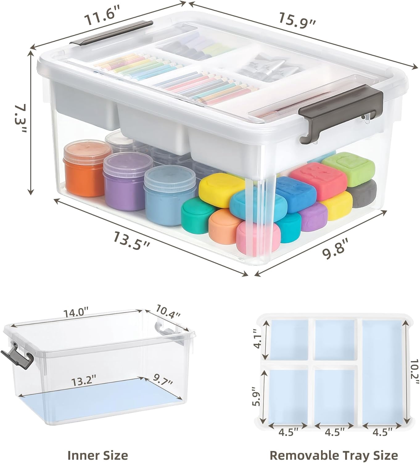 17 QT Clear Stackable Craft Storage with 1 Removable Fixed-Compartment Tray, Craft Organizers and Storage for Painting, Coloring Book & Playdoh Supplies, 2 Packs