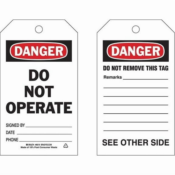 Brady Danger Tag,7 x 4 In,Bk and R/Wht,PK10 86516