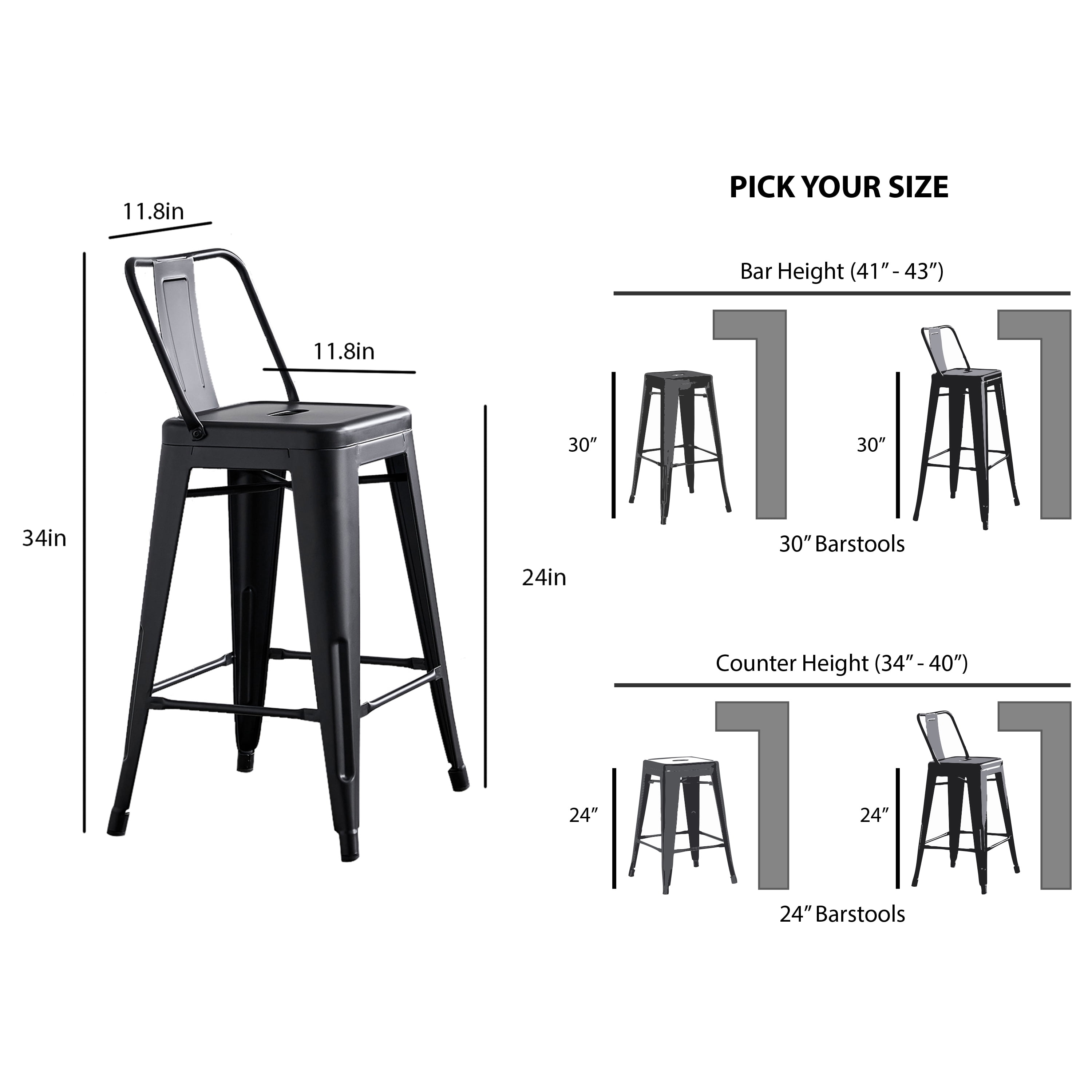 24"Metal Barstool,Country Rustic Style with Back, Kitchen Counter Bar Stool, Lightweight & Sturdy Build, Set of 4