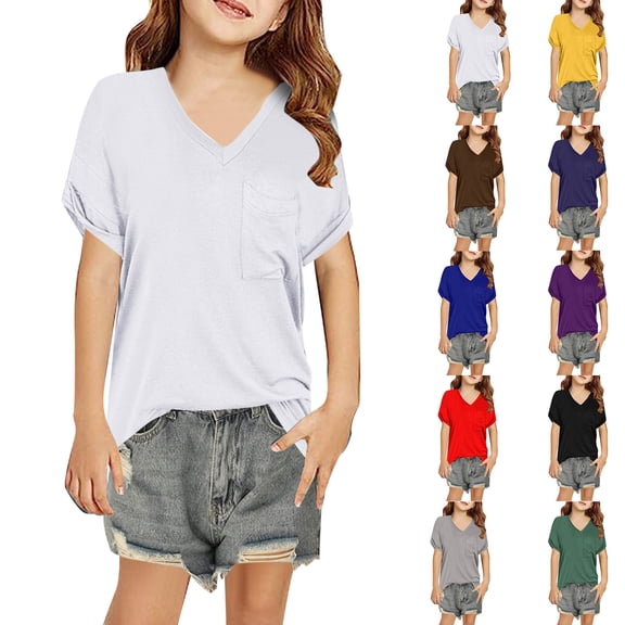 FASHOFT Girls Shirts Plus Size V Neck Pocket Rolled Edge Short Sleeve Top Loose Relaxed Summer Daily Outdoor Casual Wear Girls Casual Tops Coffee 15-16 Years