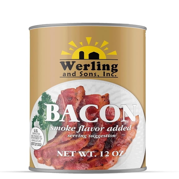 Werling & Sons Canned Bacon, Fully Cooked Sliced Bacon, 5-Year Shelf Life Emergency Survival Food, Ready-to-Eat Shelf Stable Meat, 12 oz Can