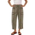 thumbnail image 4 of ZHYou No Boundarie Womens Wide Leg Capri Pants High Waisted Drawstring Elastic Waist with Pockets Contrast Stripe Loose Fit Casual Summer Cropped Trousers Khaki Size L, 4 of 8