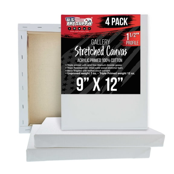 U.S. Art Supply 9" x 12" Gallery Depth 1-1/2" Profile Stretched Canvas 4-Pack - Acrylic Gesso Triple Primed 12-ounce 100% Cotton Acid-Free Back Stapled
