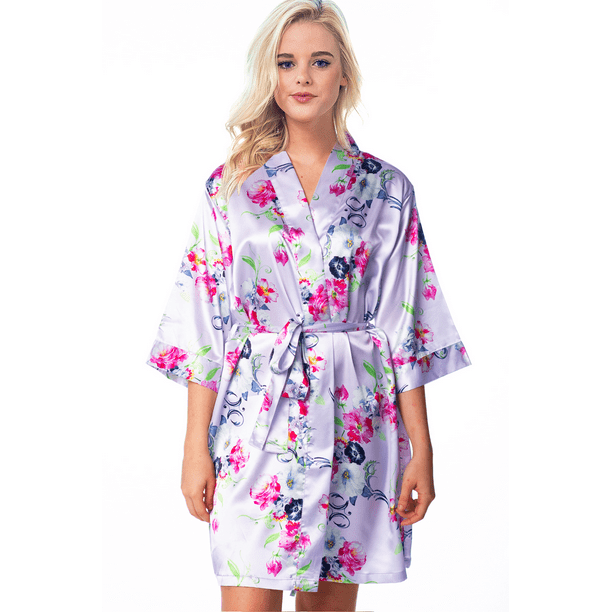 Pretty Robes Women’s Floral Satin Silky Robe Kimono for Bride