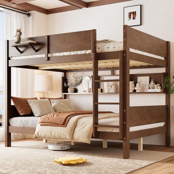 Queen Over Queen Bunk Bed, Wooden Bunk Beds with Storage, Solid Wood Bed Frame with Guardrail and Ladder, No Box Spring Needed, for Juniors Teens Kids Boys Girls Bedrooms Dorms, Brown
