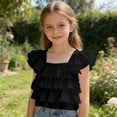 thumbnail image 2 of Girls Square Neck Ruffle Sleeve Blouse Kids Tiered Ruffle Crop Top Cute Layered Sleeveless Shirt for Summer Casual Wear Black Size 4-5 Years, 2 of 5
