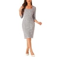 thumbnail image 4 of INSPIRE CHIC Women's Plaid Dress Square Neck 3/4 Sleeve Bodycon Midi Work Dress XS Purple White, 4 of 6