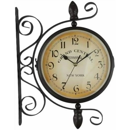 8 Double-Sided Wall Clock,Vintage Wall Clock Wall-Mounted 360-degree Rotation Antique Wall Clock, Train Station Clock for Wall, Wrought Iron Hanging Wall Clock