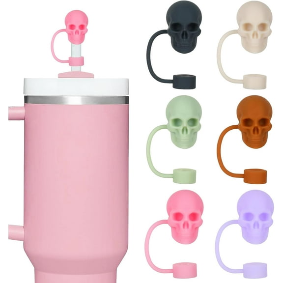 6Pcs Skull Straw Covers Funny Halloween Silicone Reusable Straw Topper Caps 6 Colors Tip Covers 10mm 0.4 Inch for 30 & 40 OZ Tumbler with Handle
