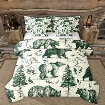 Manfei Safari Animal Bear 7-Piece Bedding Comforter Set,Rustic Plant Pine King Bedding Sets,Green Beige Bed Sheets For Adults,Ultra Soft Home Decor Reversible