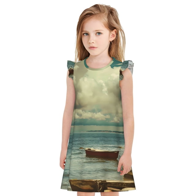 Fotbe Serene Coastal Blue Sky Vestido de Dormir para Niñas de 3 a 10 Años, Mangas Cortas, Estilo Princesa, Pijama Camisón con Mangas Voladas-Large