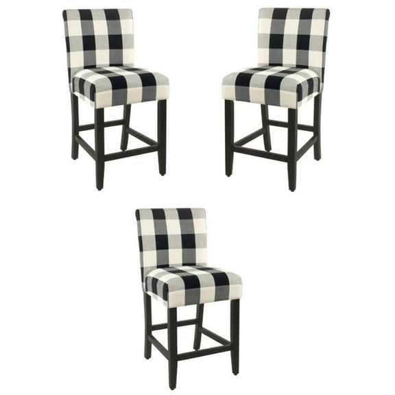 Home Square 24" Fabric Plaid Pattern Parsons Counter Stool in Black - Set of 3