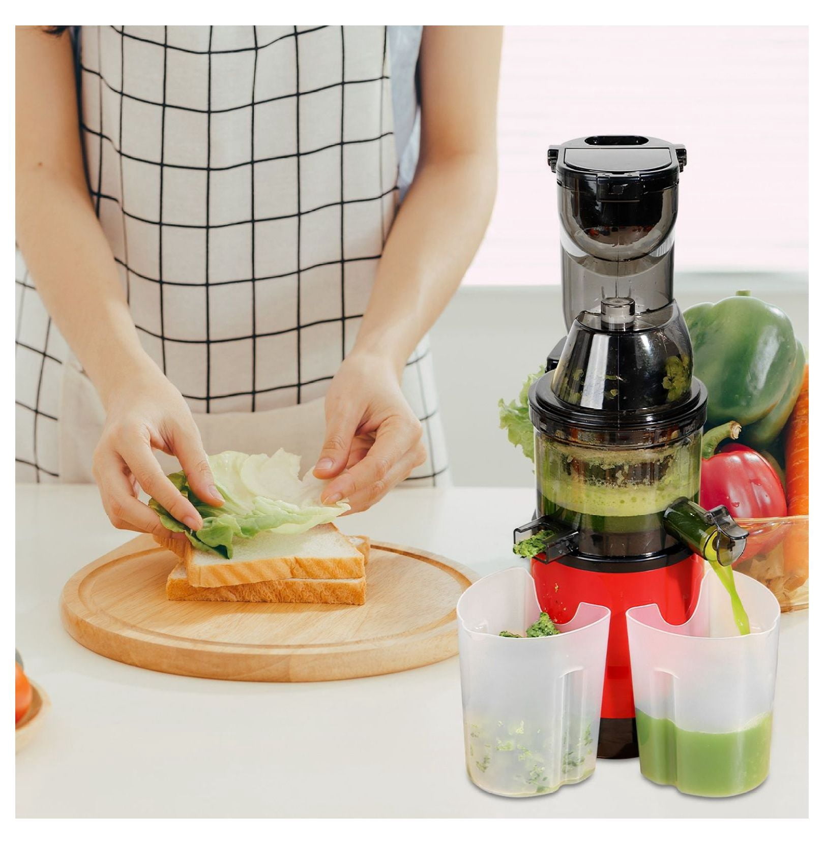Cold Press Juicer Machine 300W Electric Slow Masticating Juicer for Whole Vegetable and Fruit with Reverse Function 2 Containers Cleaning Brush Clear Marks Easy Cleaning