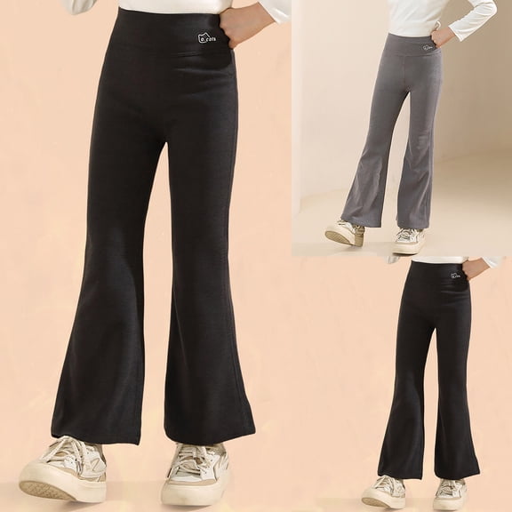 Girls Flare Dress Pants Winter Solid Bootcut School Uniform Slacks with Elastic Waist Flare Sweatpants Joggers Pants Preppy Clothes Fall Clothes - Black,8-9 Years
