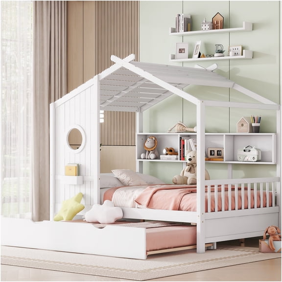 JERFIT White Solid Wood Full Size House Bed with Trundle and Storage Shelves, Modern Playhouse Bed Frame