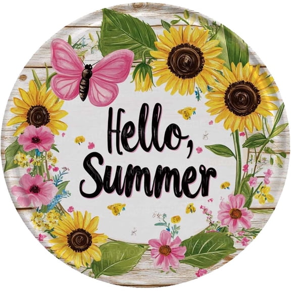 Round Hello Summer Retro Metal Tin Sign, Vintage Outdoor Yard and Home Wall Decor, 8 x 8 Inch