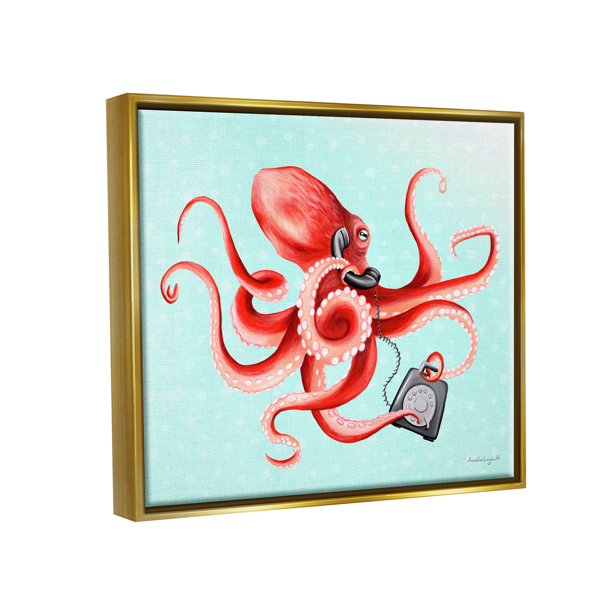 Stupell Industries Red Ombre Octopus Tentacles Retro Rotary Phone Graphic Art Metallic Gold Floating Framed Canvas Print Wall Art, Design by Amelie Legault
