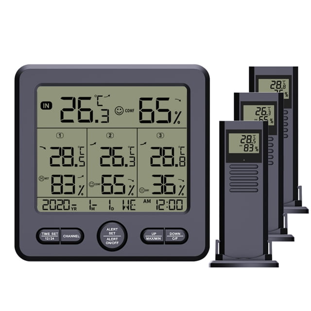 Digital Wireless Indoor Outdoor Thermohygrometer with 3 Remote Sensors 98ft/ 30m Backlight & Alarm Calibration Function Temperature Humidity Monitor with 3 Transmitters Weather Stations for