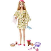 Barbie Self-Care Posable Doll, Blonde Spa Day Doll in Bathrobe with Puppy and Accessories
