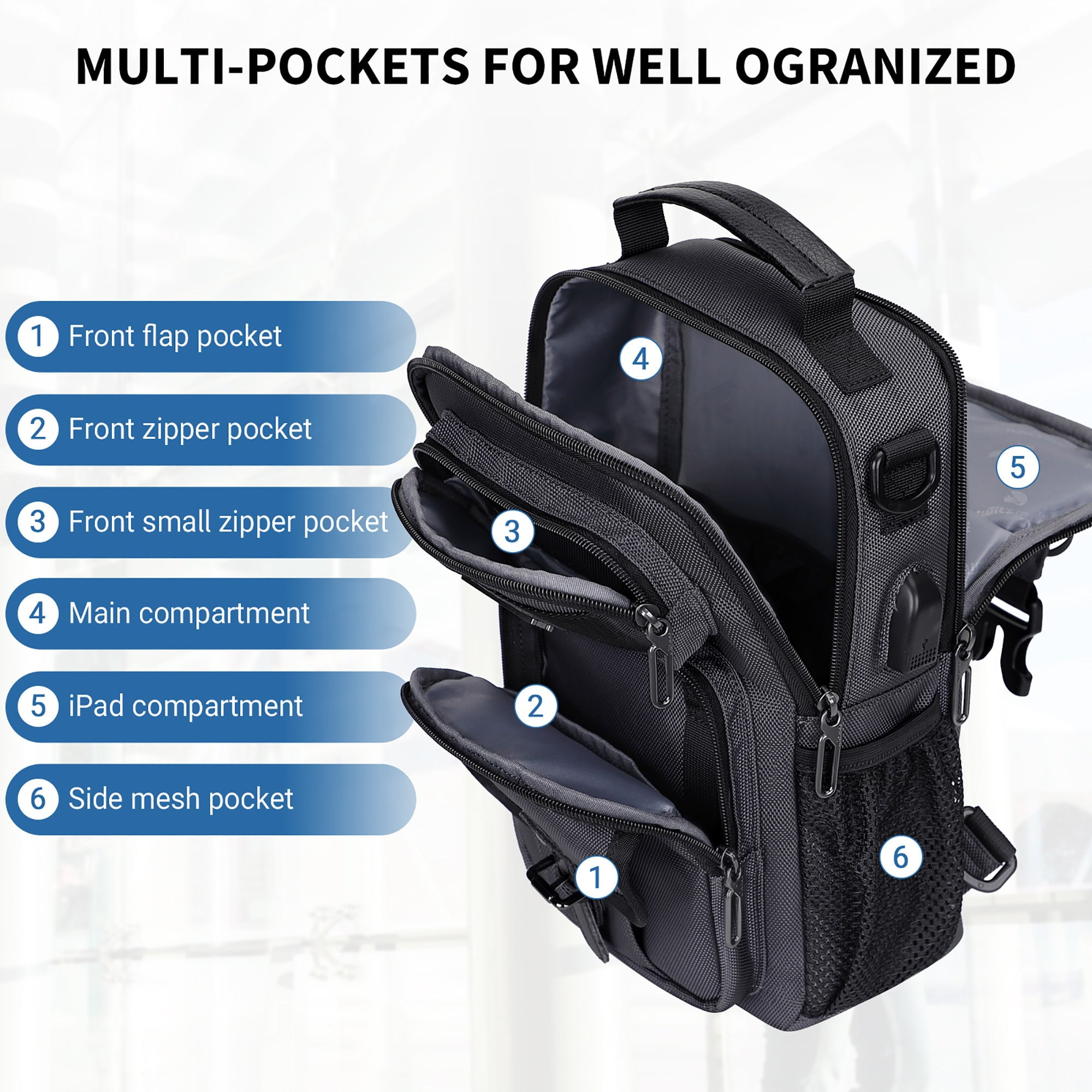 WITZMAN Sling Bag for Men Convertible Travel Sling Backpack USB Charging Port Lightweight Crossbody Bags Casual Daypack（B698 Silvery Grey）