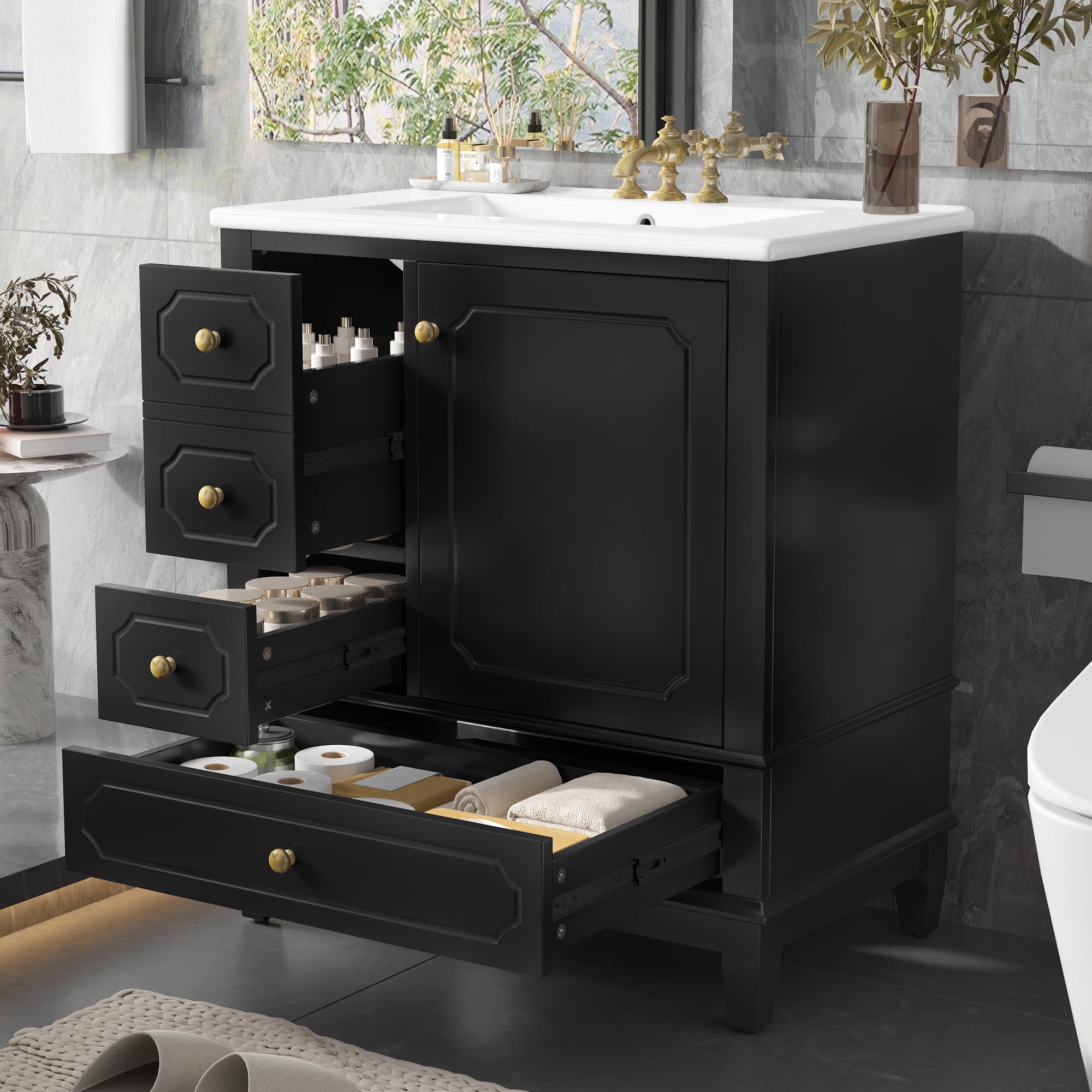 Harper & Bright Designs 30" Bathroom Vanity Sink Combo with Storage , Bathroom Cabinets Freestanding with Drawers and Soft Close Door, Black