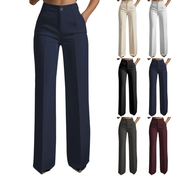 Resicozy High Waisted Straight Leg Suit Pants for Women Business Casual Office Dress Trousers with Pockets Dark Blue S