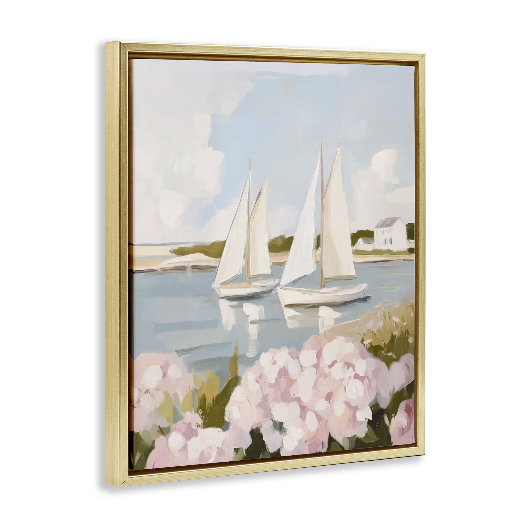 Stupell Industries Sailboat Duo with Pink Hydrangeas Gold Framed Floater Canvas Wall Art, design by Sisi and Seb