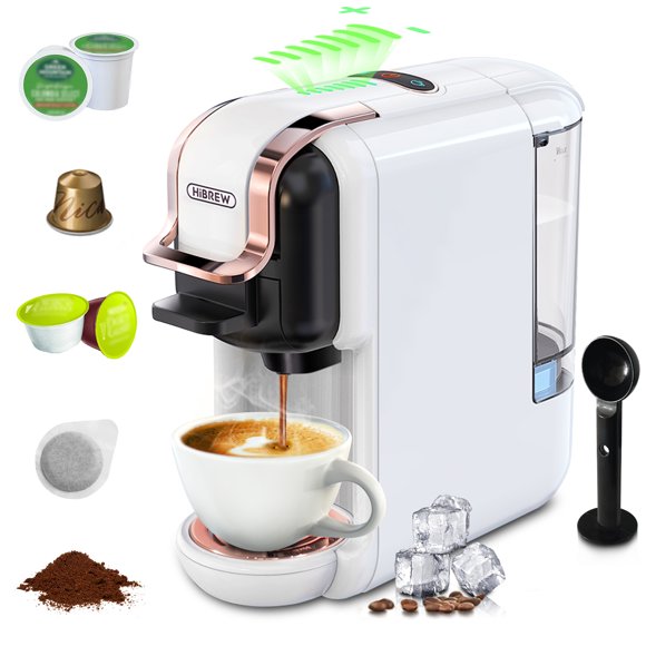 HiBREW 5-in-1 Electric Coffee Maker with 19Bar Pressure, 7 Water Levels, Hot/Cold Brew, 600ml Water Tank, Rapid Heating - Compatible with Nespresso, Dolce Gusto, ESE, Kcup Pods & Ground Coffee