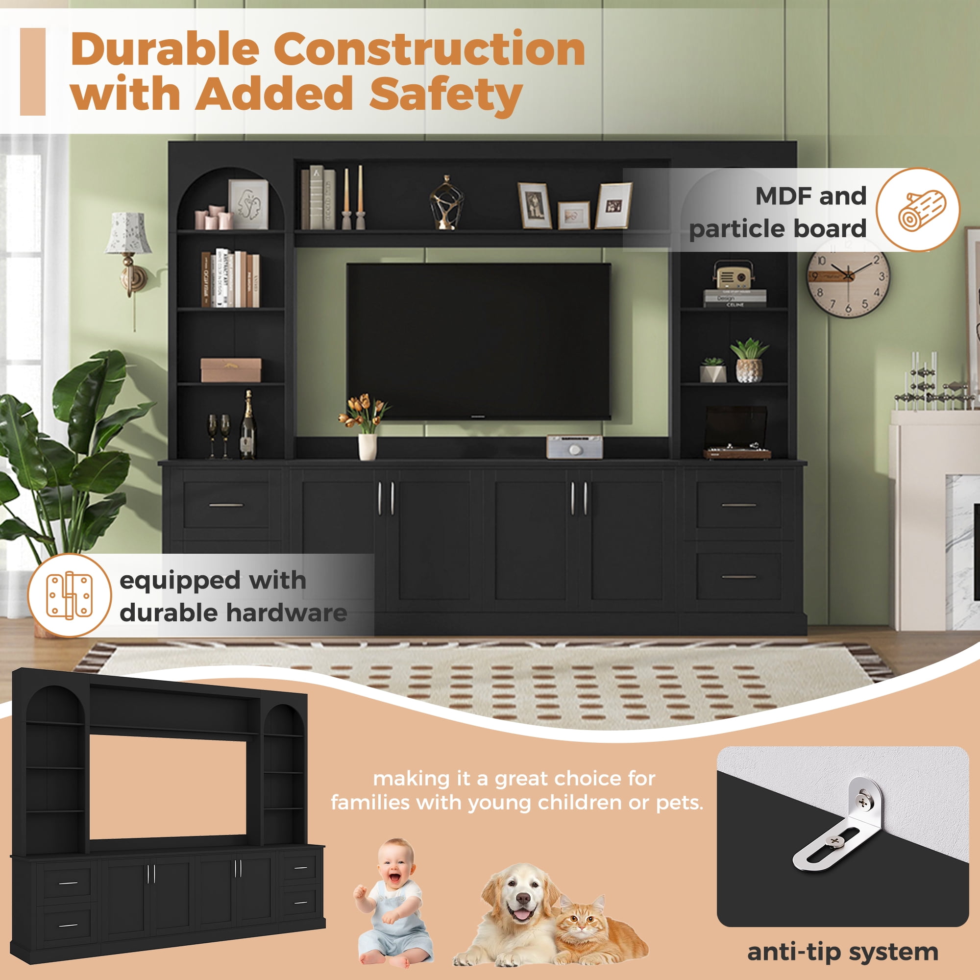 4 Piece Wall Unit TV Stand for TVs up to 65", Modern Entertainment Center with Bookshelf, Wine Cabinet, Display Storage, Multifunctional All-in-One TV Console Table for Living Room,Black
