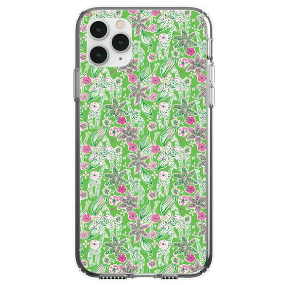 DistinctInk Clear Shockproof Hybrid Case for iPhone 13 (6.1" Screen) - TPU Bumper, Acrylic Back, Tempered Glass Screen Protector - Preppy Pattern - Pink & Green Flowers Floral
