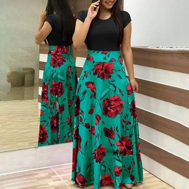 Robes Maxi à Imprimé Floral Été Boho Robe d'Été Femme Décontractée à Manches Courtes Col Ras du Cou Robe Patchwork Élégante Robe Longue de Soirée