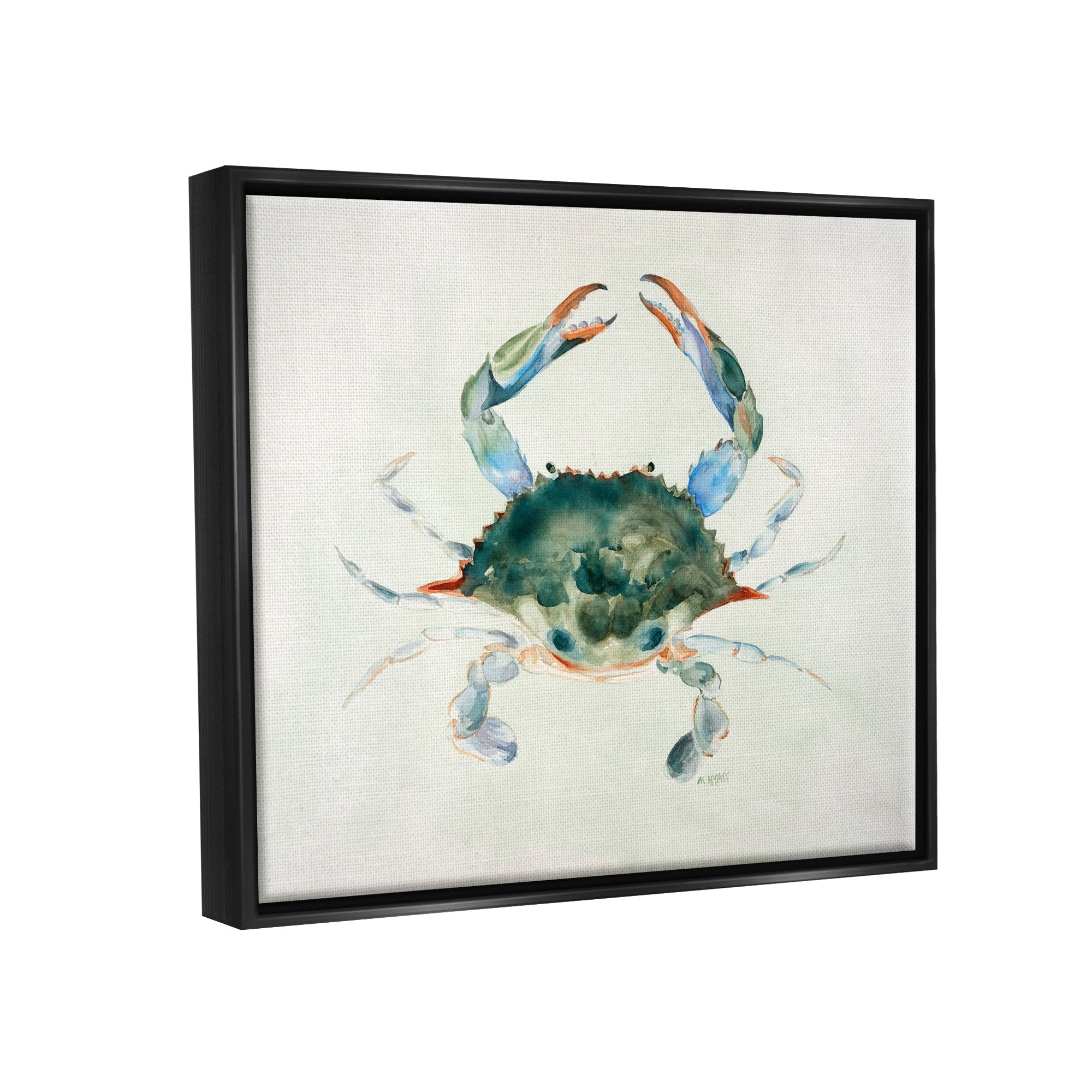 Stupell Industries Blue Sea Crab Over Beige Soft Watercolors Jet Black Framed Floating Canvas Wall Art, 24x30, by Melissa Hyatt LLC